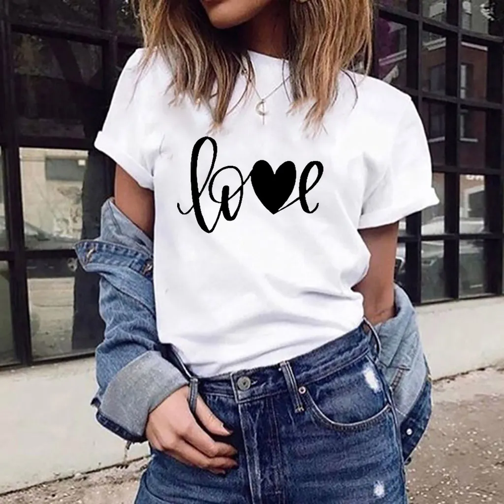 Графическая футболка для женщин с надписью Love Heart и hilbilly свободная коротким