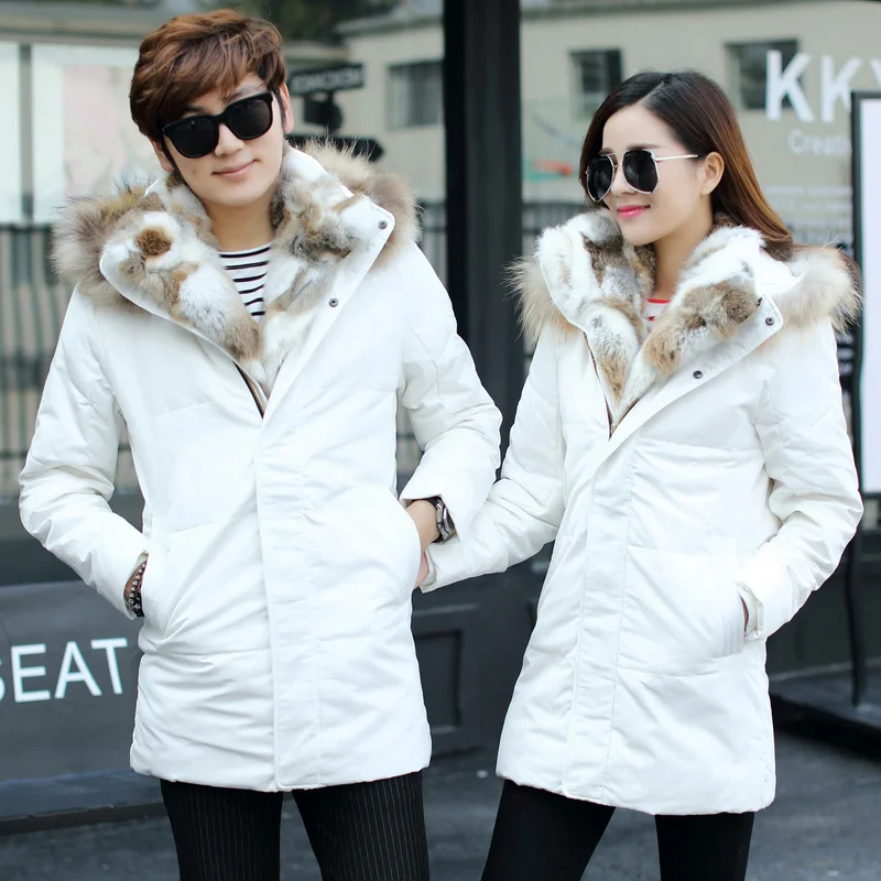 2021 winter clothing new men's down jacket youth real rabbit fur big collar thickened down jacket couples long white duck down