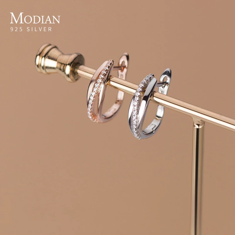 

Modian 100% Real 925 Sterling Silver Clear CZ Geometric Twist Of Fate Hoop Earrings for Women Korea Style Fine Jewelry Brincos