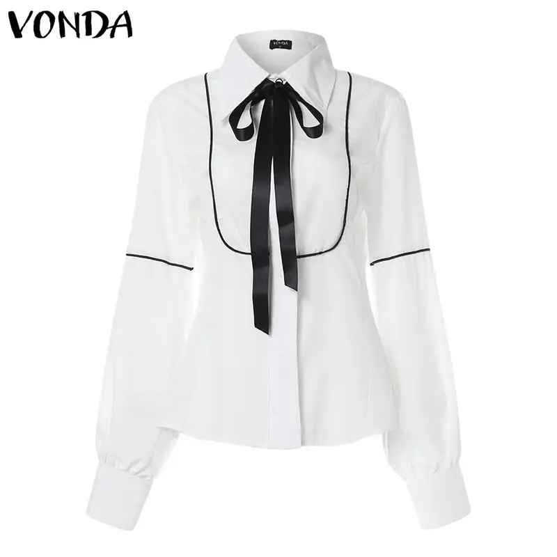 White VONDA Женская Офисная рубашка Осенняя блузка женская сексуальная рубашка с рукавом-фонариком и отложным воротником повседневные топы размера плюс Blusas S-5XL - Цвет: White