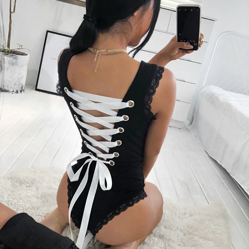 Black Lace Patchwork Tank Bodysuit Women Sexy Sleeveless Body Mujer Backless Bodycon Criss Cross Bandage Bodysuits Black Lace Patchwork Tank Bodysuit Women Sexy Sleeveless Body Mujer Backless Bodycon Criss Cross Bandage Bodysuits