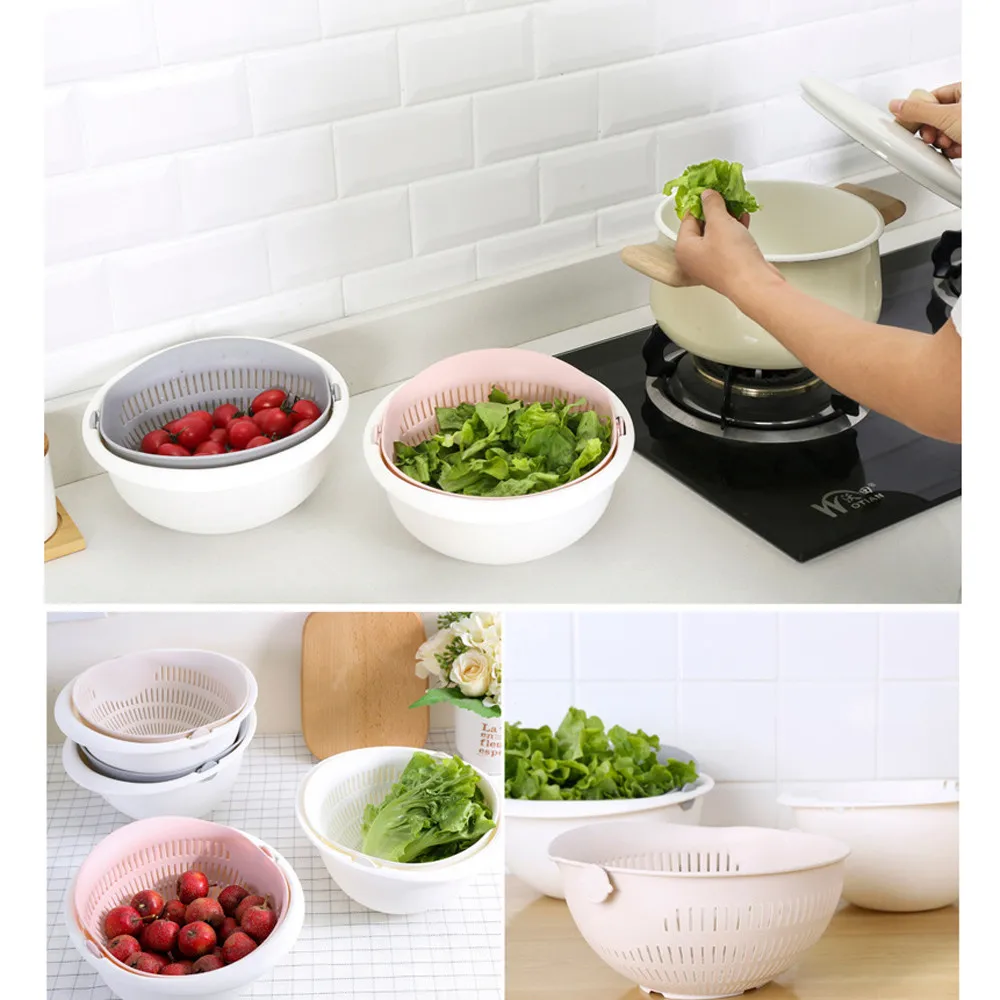 Kitchen Double Drain Basket Bowl Plastic Noodles Vegetable Washing Basket Portable Kitchen Fruit Strainer Storage Basket