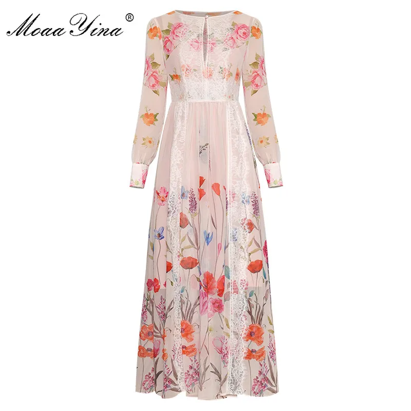 MoaaYina/модное дизайнерское платье для подиума; сезон весна-осень; женское платье с длинными рукавами; Кружевное Платье макси с цветочным принтом - Цвет: Многоцветный