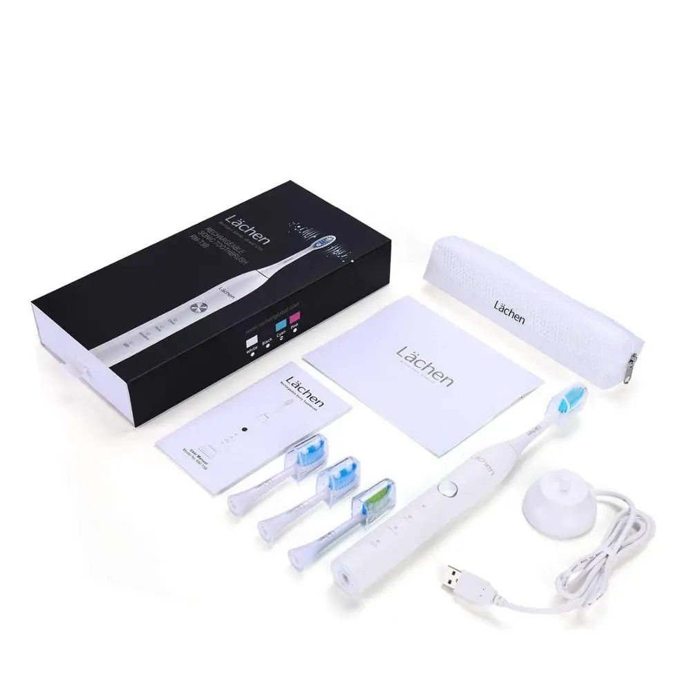 Lachen RM-T5B электрическая ультразвуковая зубная щетка с 4 щеточными головками и таймером 3 режима USB зарядка 60 дней Срок службы батареи IPX7 - Цвет: Белый