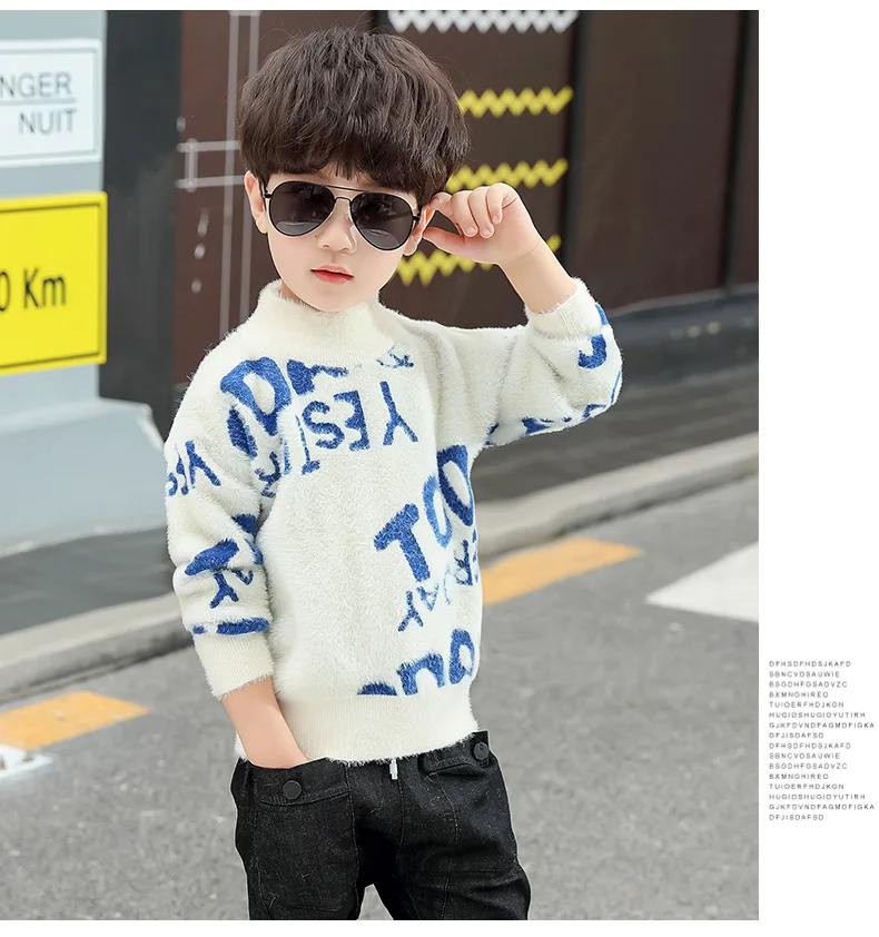 Kid Boy's Sweater Pullover New Autumn Children's Plush Thickened Knitwear Letter fashion Teenagers sweater 4-16 Years Old - Цвет: White