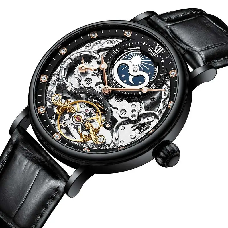 Silver Black KINYUED механические Автоматические Мужские часы Tourbillon роскошные часы от топ бренда мужские часы с несколькими часовыми поясами relogio masculino - Цвет: Silver Black