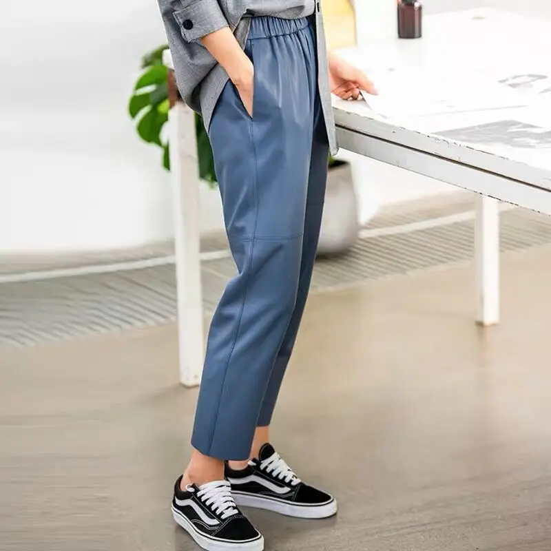 

Women Pants 100% Genuine Sheep Leather Fashion Natural Genuine Sheep Leather Crop Jeans Elastic Belt Waist Trousers