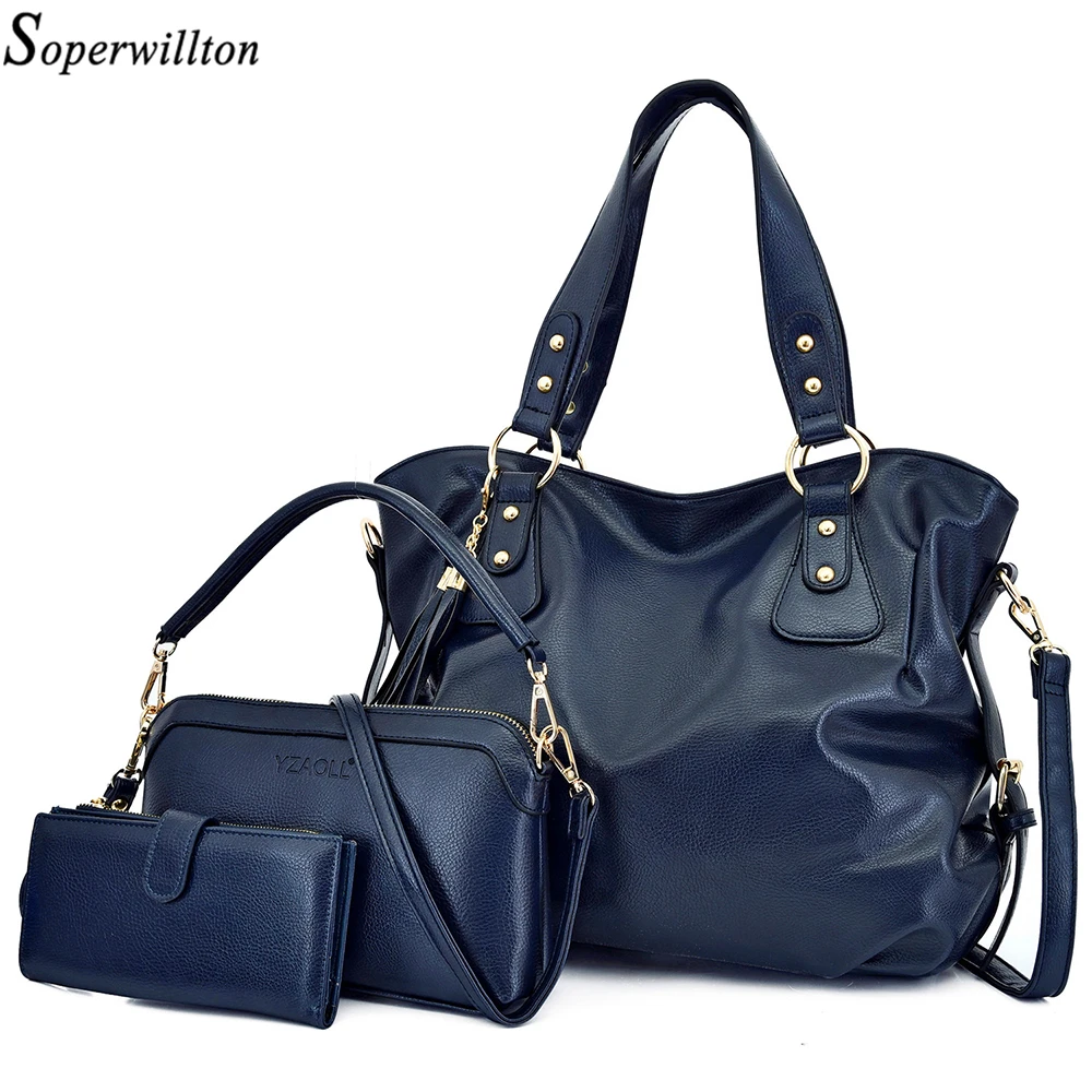 

Soperwillton Women Bags Leather Totes Luxury Ladies Handbags Fashion Blue Double Zipper Designer Handbag Composite Shoulder Bag
