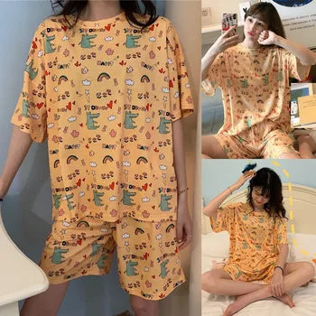 

Lady Summer Pajamas Set Women Short Sleeve Cartoon Printing Camisole Set Suit