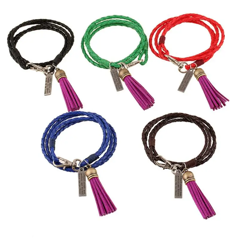

5 Colors Men Male Hand Jewelry For Birthday Gift Fashion Multi-layers Handmade Braided Copper Tassel Leather Bracelet Bangle