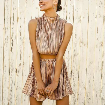 買取 女性スーツ 2 ピースセットカーキエレガントなノースリーブしわタートルネック作物トップス弾性ウエスト女性 2 ピース衣装