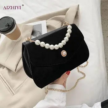 

Youth Ladies Simple Versatile Bag Fashion Women Plush PU Flap Handbags Elegant Pearl Handle Chain Crossbody Bags