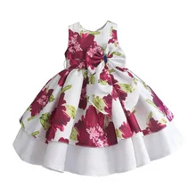 Zoeflower/ стиль; атласная жилетка с принтом и бантом для девочек; торжественное цельнокроеное платье; Многослойная пачка