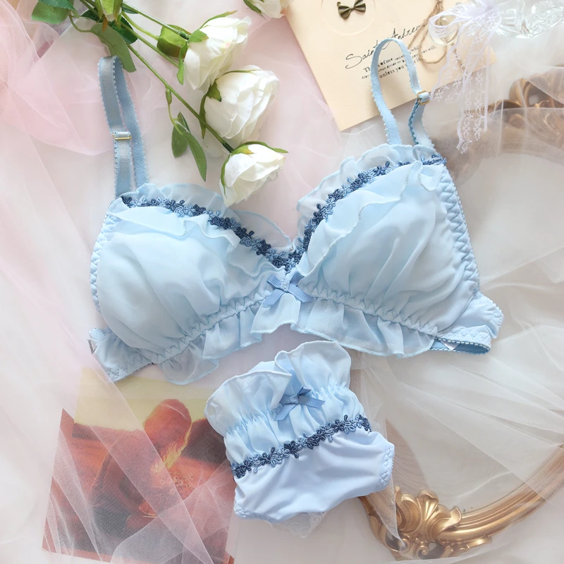 Summer Fresh Blue Bras Collection Japanese Lolita Girl Student Underwear Set Sweet Cute Underwear Small Bra and Panty Sets bra and panty sets