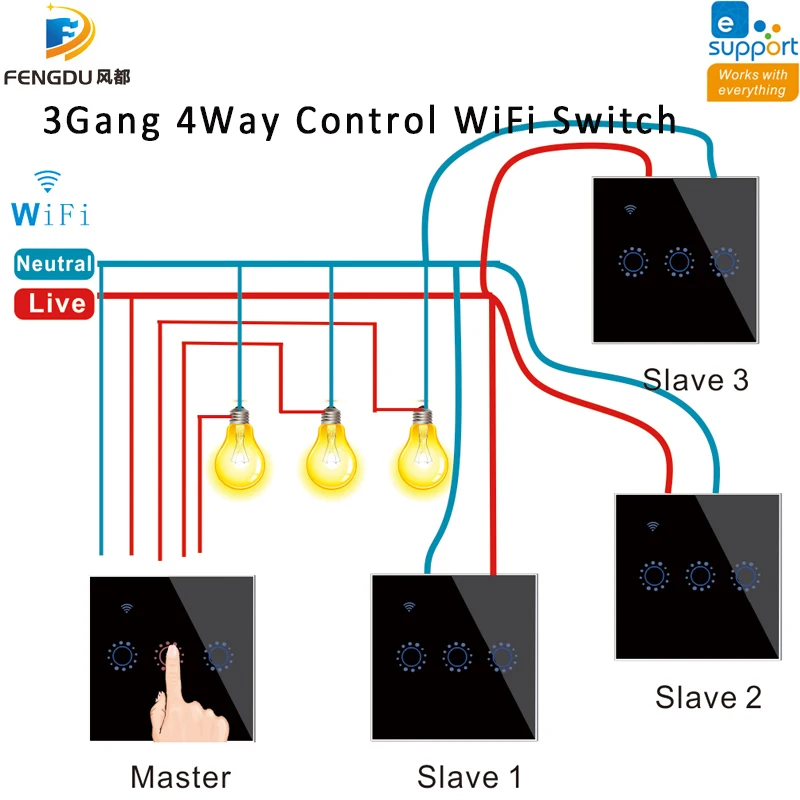 EWELINK EU Standard 3 Gang 4 Way Control WIFI Switch Touch Glass Panel Smart Switches Compatible Alexa Google Home Voice | Обустройство