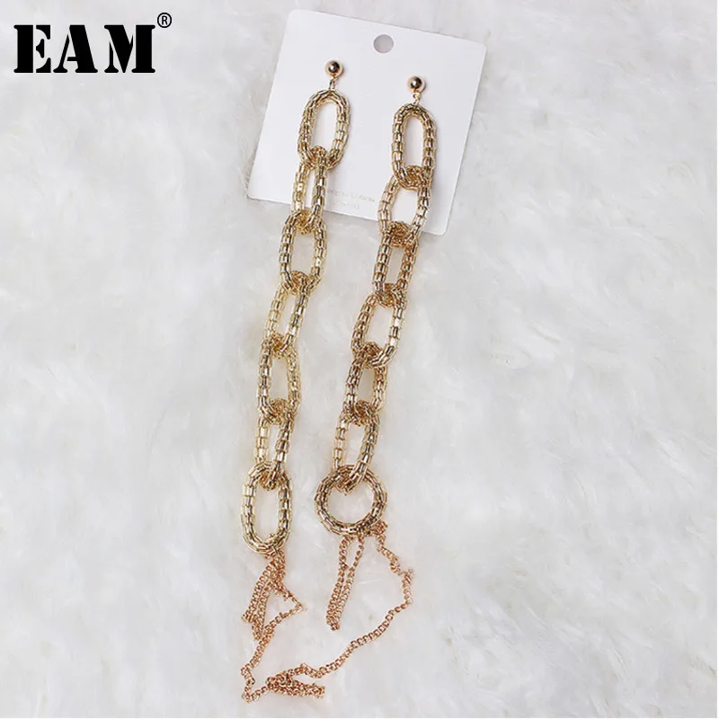 

[EAM] 2020 Spring Summer Woman Temperament Stylish New Golden Silver Color Long Metal Twist Chain Earrings All Match LI005