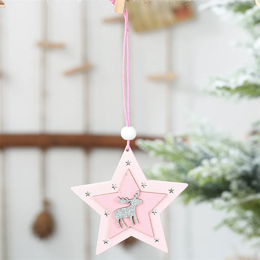 Рождественский розовый деревянный пятиконечная звезда кулон креативная маленькая елка Рождественские Висячие украшения Рождественские украшения для дома#15