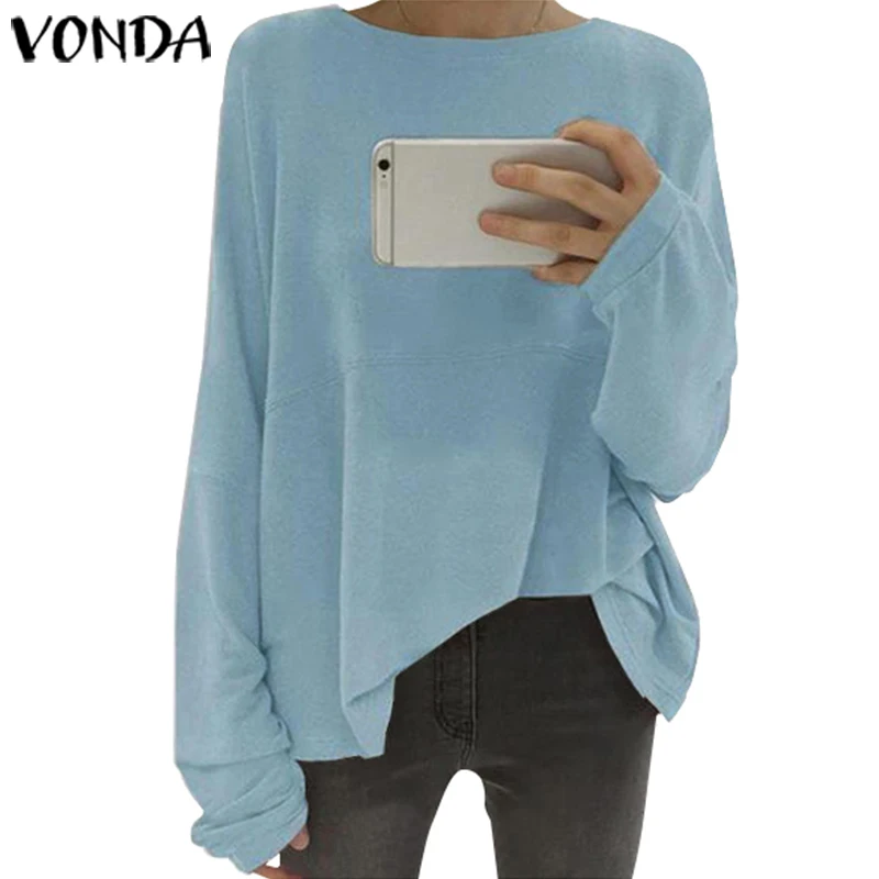 VONDA Плюс Размер Женская блузка Осень Весна О-образным вырезом винтажные однотонные удобные свободные блузки Топы с длинными рукавами Femme рубашки S-5XL - Цвет: Синий