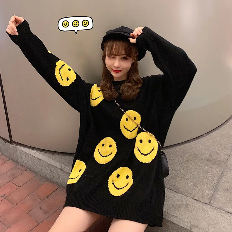 Casual Loose Knitted Women's Smile Face Sweaters - true deals club