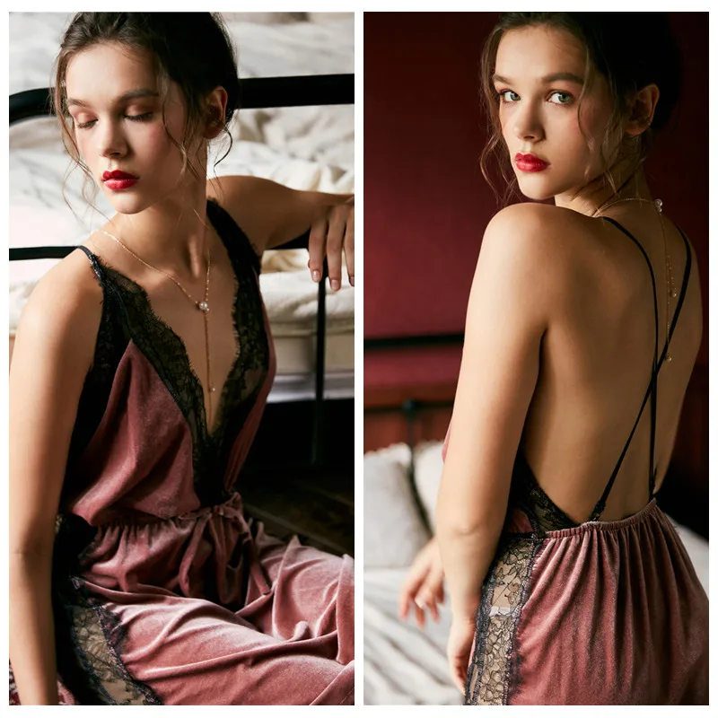 Kupokasi Fashion Women Winter Pajamas Set Velvet Robe Gown Sets Autumn Sexy Lace Sling Female Sleepwear Pyjama Nightdress