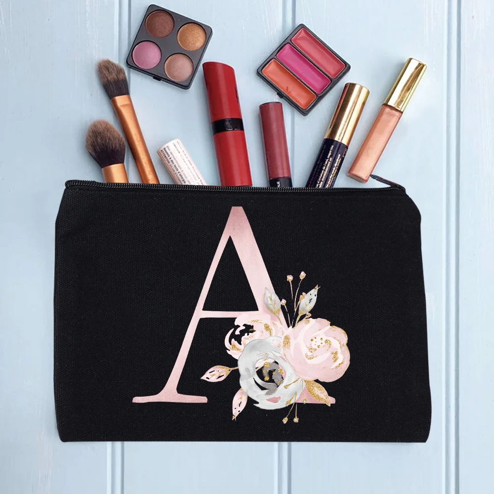 Women's Cosmetic Makeup Bags Female Organizer Pink Flower 26 Letters School Pencil Cases Carrying Bag for Coin Purse