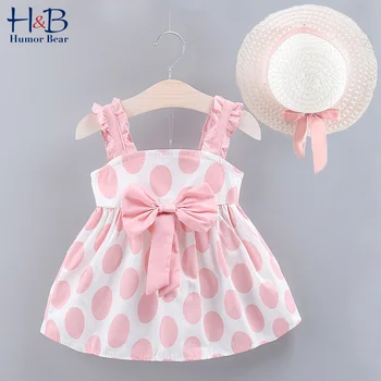 

Humor Bear Brand New Summer Baby Girls Dress Bow Strap Cute Dot Lace Sling Dress + Fashion Hat Toddler Girls Clothing 2pcs
