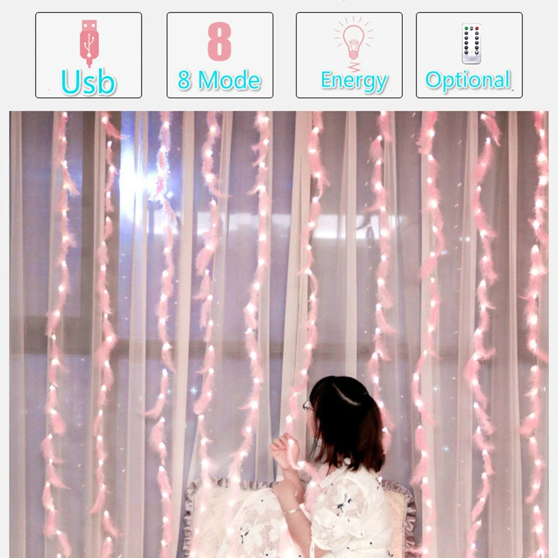 СВЕТОДИОДНЫЙ занавес из перьев, медная проволока, светодиодные занавески изящные свадебные светильники, рождественские светильники, домашний декор для девочек, Рамадан