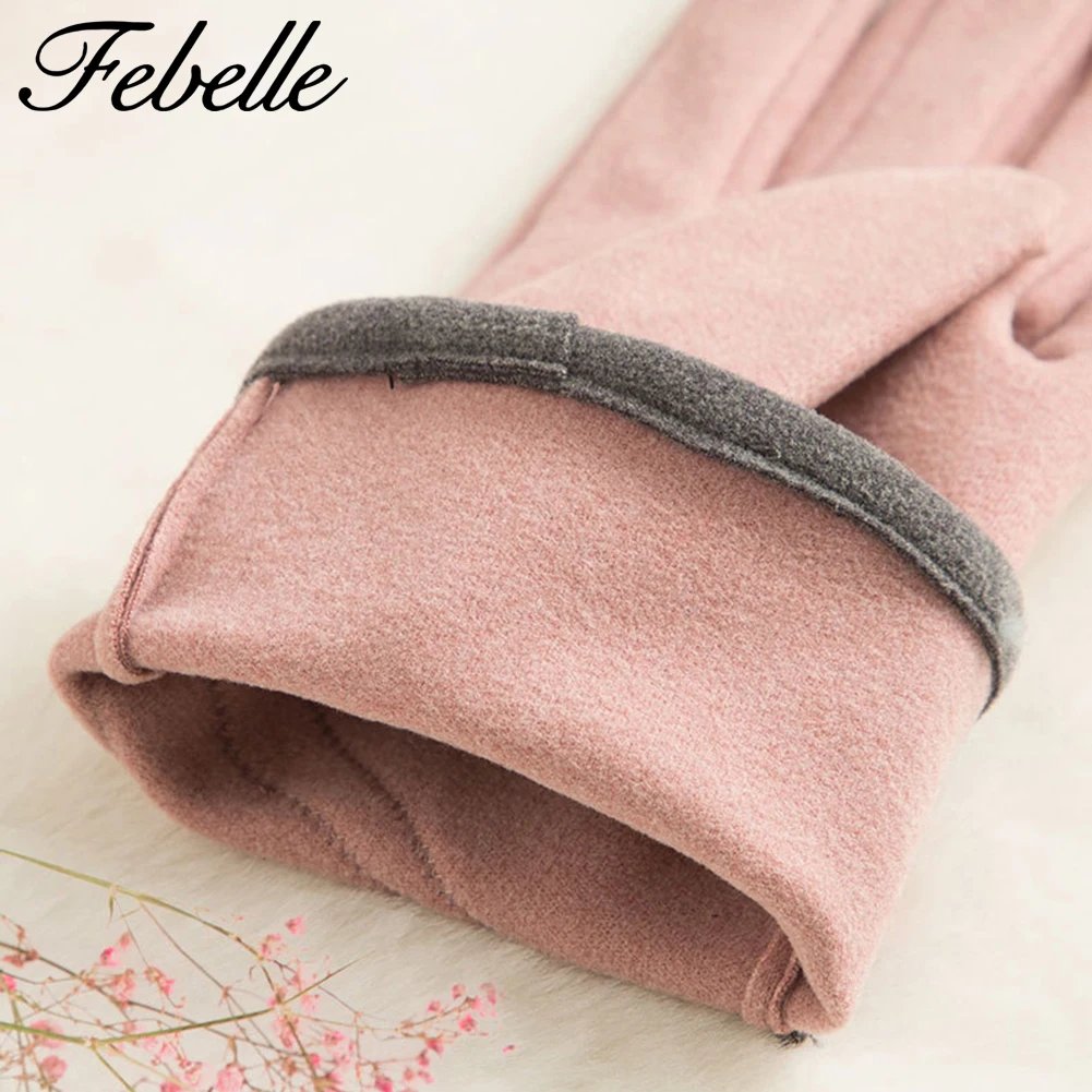 Зимние женские замшевые перчатки Febelle с сенсорным экраном, теплые толстые кашемировые перчатки на палец, женские шерстяные перчатки с флисовой подкладкой