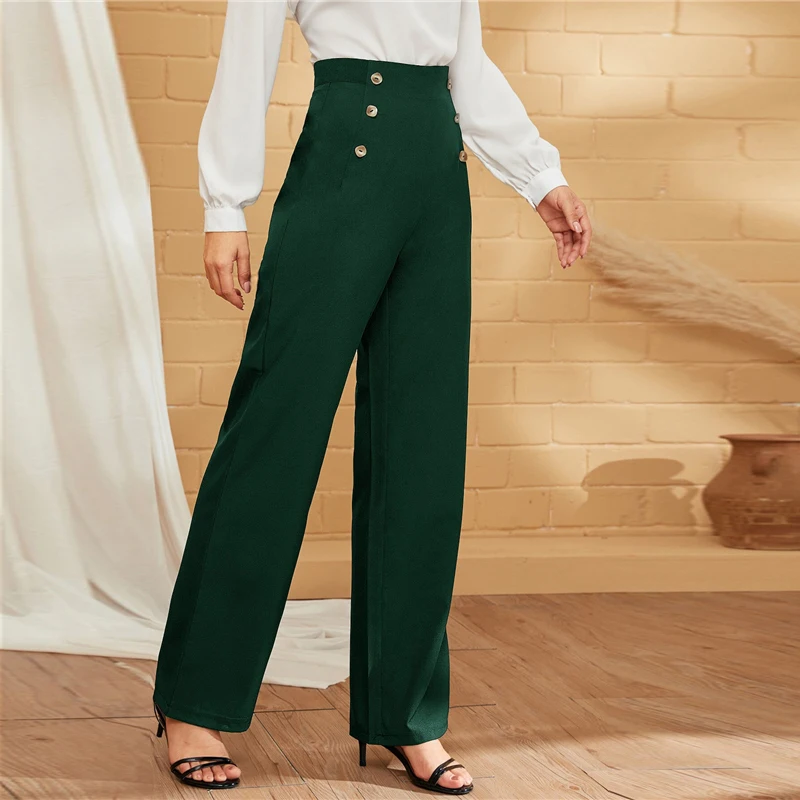 SHEIN Green двубортные прямые однотонные длинные брюки женские осенние с высокой талией прямые элегантные офисные платья Брюки