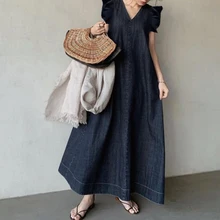 Summer Dress For Women Denim V Neck Oversize Casual Korean Dresses Cap Sleeve Fashion Maxi Ladies Fashion Swing Female Clothes Summer Dress For Women Denim V Neck Oversize Casual Korean Dresses Cap Sleeve Fashion Maxi Ladies Fashion Swing Female Clothes
