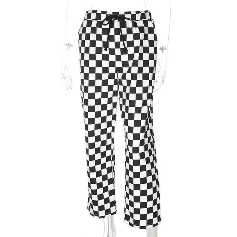 Уличная клетчатая Женская Брюки со шнурком длинные брюки клетчатые черные и белые повседневные широкие брюки прямые брюки - Цвет: Черный