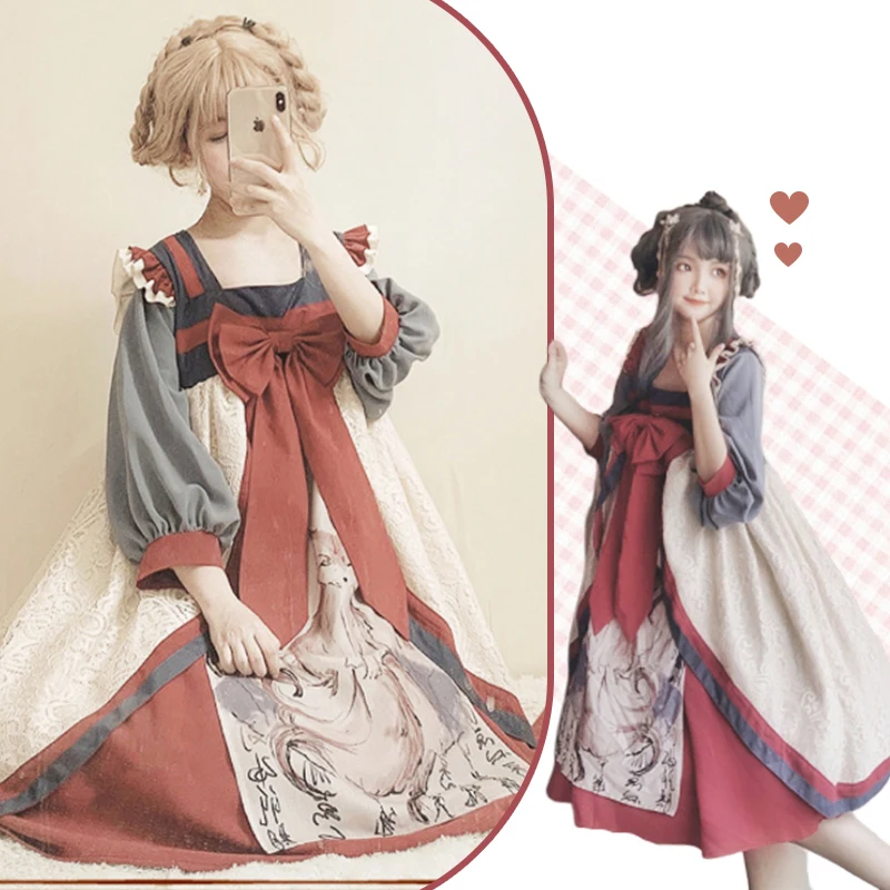 

Nine-tailed fox Han Elements Chinese Lolita Vintage Printed Hanfu OP Dress Student Ruqun Daily Party Bow Tradition Fairy Dress
