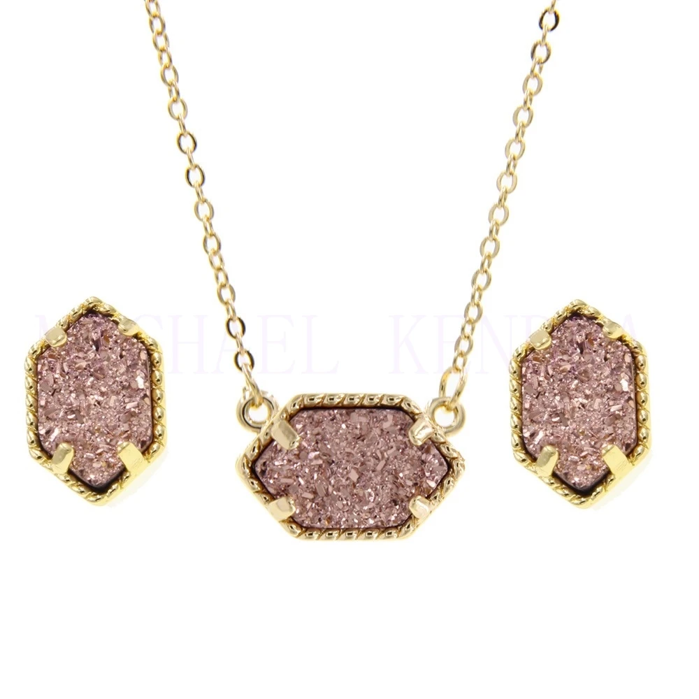 Овальная Смола Druzy Drusy ожерелье серьги-гвоздики ювелирный набор шестиугольник