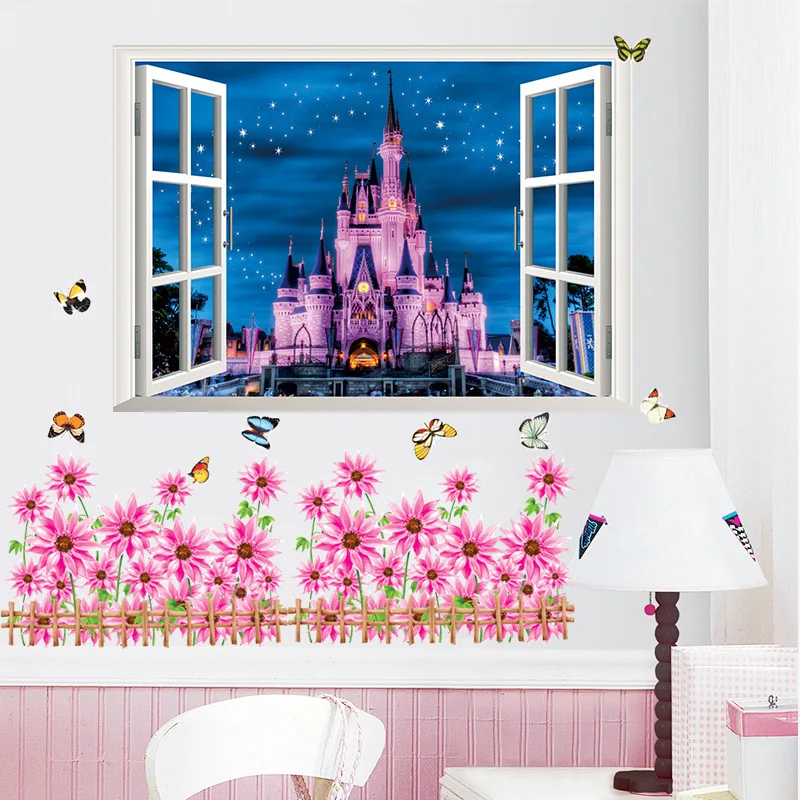 Disney замок наклейки на стену для спальни аксессуары 3DVIEW окна настенные наклейки для детской комнаты Гостиная украшения дома плакаты