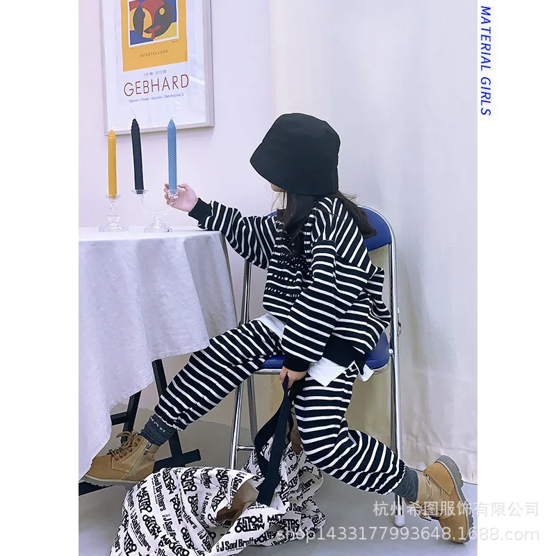 Костюм для девочек зимний свитер в полоску с круглым вырезом для мальчиков Повседневный Детский свитер из двух предметов