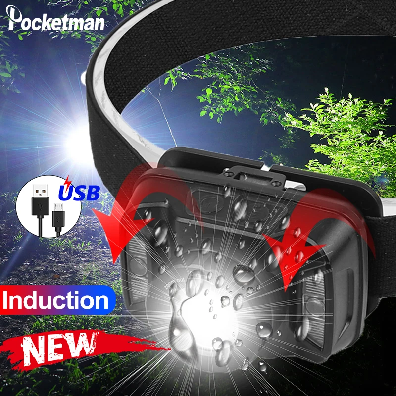 Мощный налобный фонарь с датчиком движения Головной зарядкой от USB