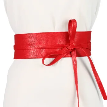 

Elegant Spring Summer Fashion Metallic Color Soft Faux Leather Wide Belt Self Tie Wrap Waist Mujer Dress Women Belt