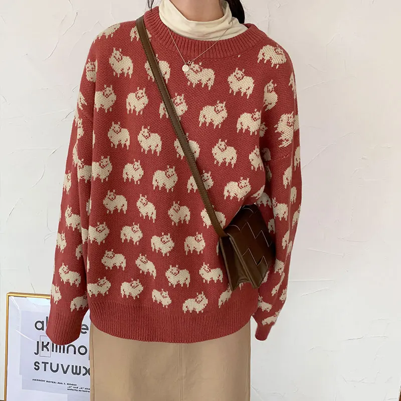 2 цвета, корейский шикарный стиль, верхняя одежда, осень и зима, мультяшная Овечка, Забавный Женский вязаный свитер и пуловеры для женщин(X1181