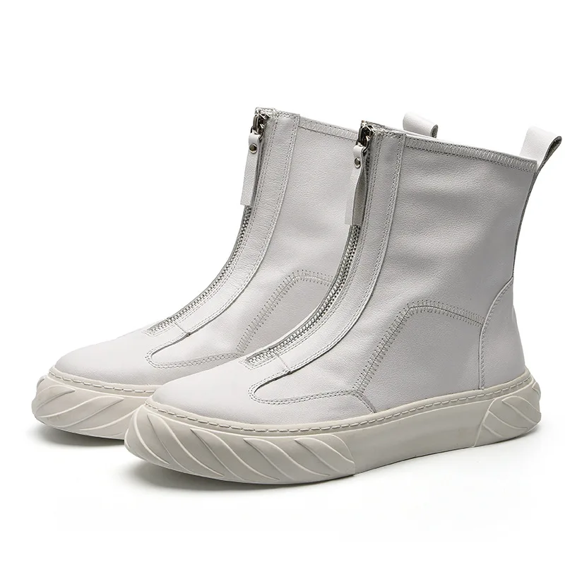 

Men Zipper Genuine Leather Martin Boots Man Real Fur Black White Boots Streetwear Hip Hop Fashion Male Casual Shoes