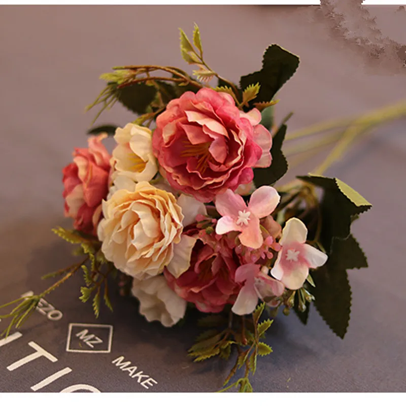 1 Букет пионов, винтажные шелковые искусственные цветы, Маленькие розы, свадебные фальшивые цветы, праздничные принадлежности, сделай сам, вечерние, для дома, Декоративный букет