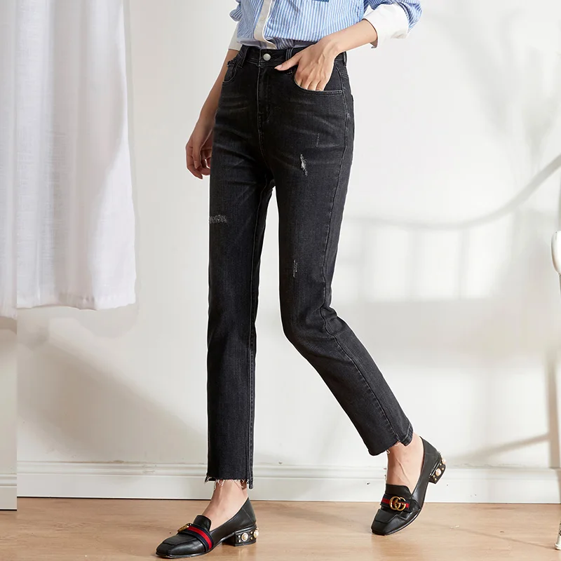 Женские свободные джинсы LEIJIJEANS, черные прямые джинсовые брюки с потертостями и дырками, новая повседневная модель 9209 большого размера