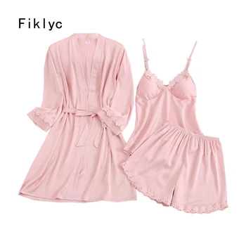 

Fiklyc underwear three-pieces women's pajamas sets with lace floral edge beautiful summer female short pants nighties cool style