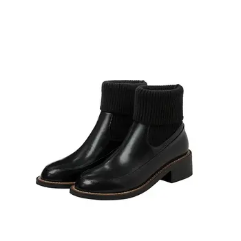 

2020 New Fashion Women Genuine Leather+ Knitting Ankle Boots Winter New High Heels Party Night Club Shoes Woman Chelsea Boots