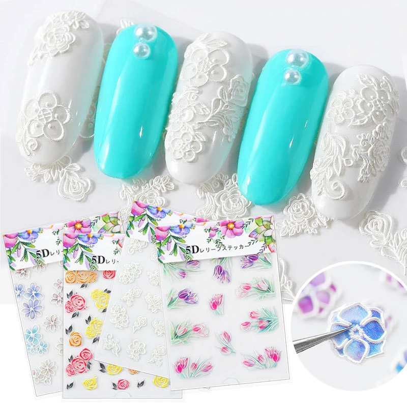 5D Nail Sticker Art 20 Pattern Flower Self Adhesive Emboss DIY Acrylic Engraved Nail Stickers Decal