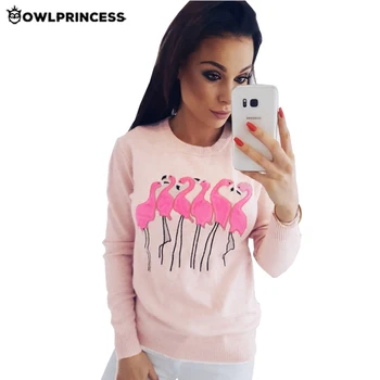 

Madam clothing OWLPRINCESS Flamingo Embroidery Long Sleeve Shirt Women T Shirt Loose O Neck Pullover Women Shirts Warm Pink Tops