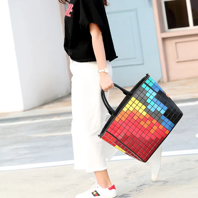 

Rhombus Geometry Bag 2019 New Style Japanese Style Mosaic Mixed Colors Handbag Large Capacity WOMEN'S Bag