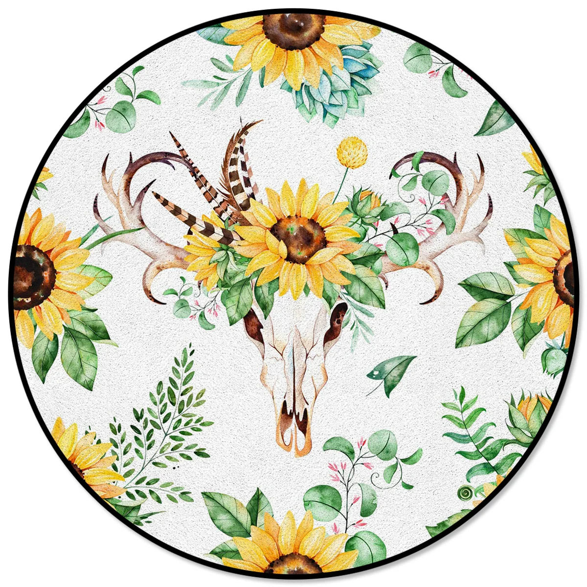 Sunflower Flowers Horns Feathers Leaves Pattern Rugs and Carpets for Home Living Room Round Rug Children Rooms Non-slip | Дом и сад