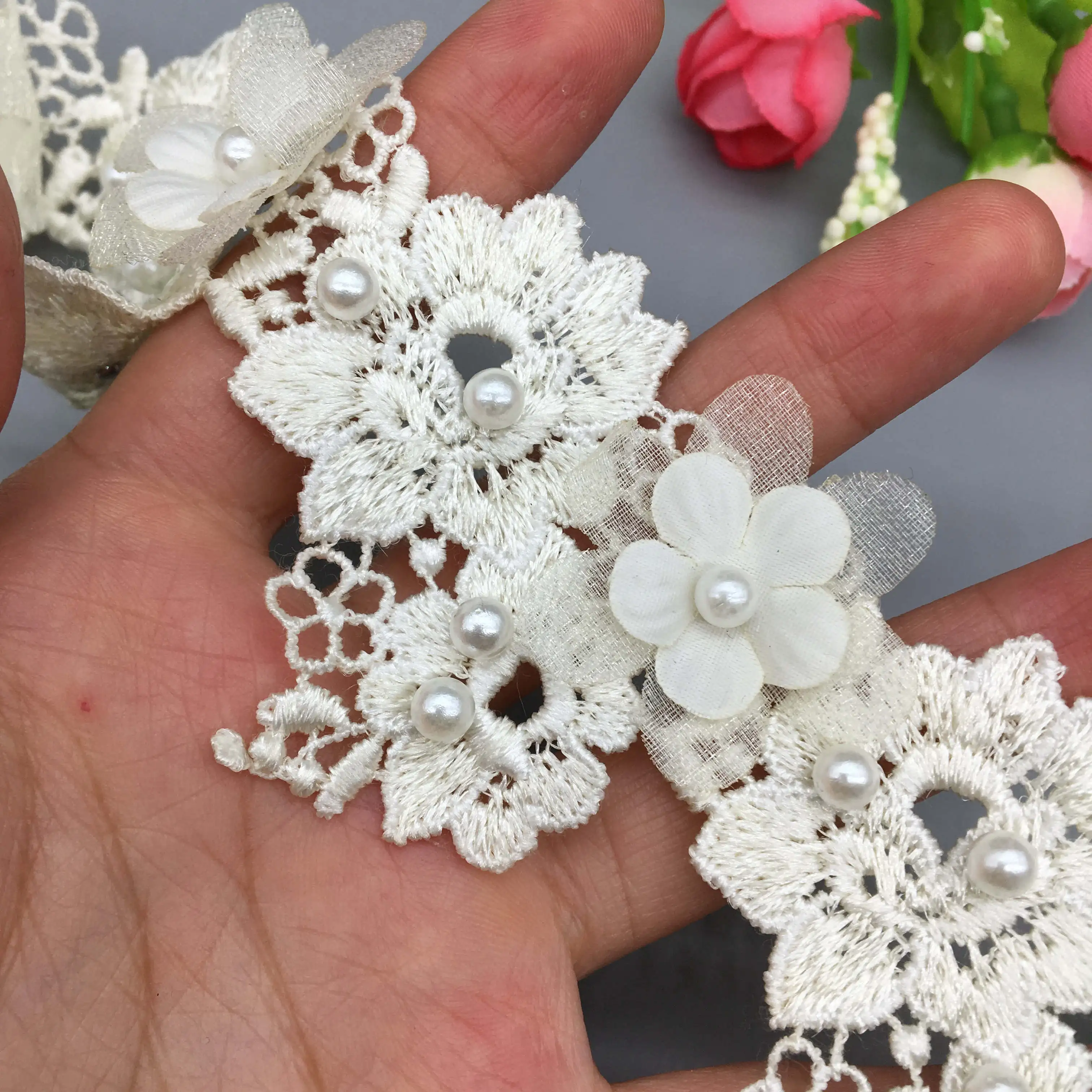 Lace Ribbon Lace Fabric Lace Sewing Accessories Lace Sewing Supplies Lace Accessories Lace Garment Accessories Lace Decoration Lace Frontal Wig Clothing Craft Accessories Chiffon Lace Fabric 1 Yard 3D Flower Pearl Lace Trim Embroidered Lace Ribbon Fabric Handmade Beaded Sewing Craft For Costume Hat Decoration 5cm