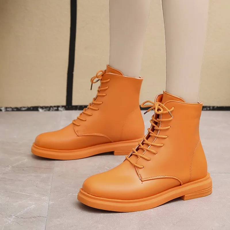

Autumn Female Candy Colors Martin Boots Comfortable Round Head Lace Up High Heel Shoes Woman Square Heel Ankle Boots Women Boots