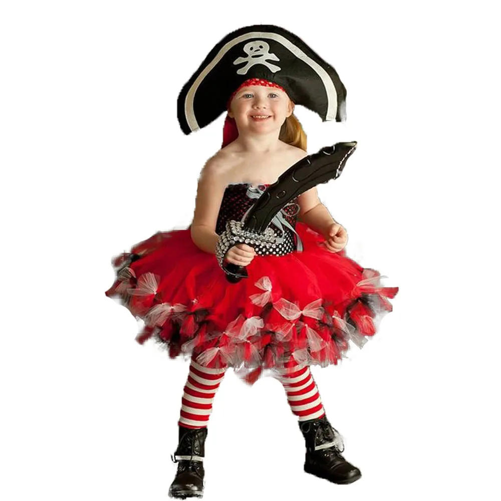 Пушистый костюм пирата для девочек по колено с бантиком платье-пачка из тюля девочки; дети Lepin с изображением персонажа фильма «Пираты Карибского моря» на Хэллоуин; платье со шляпой